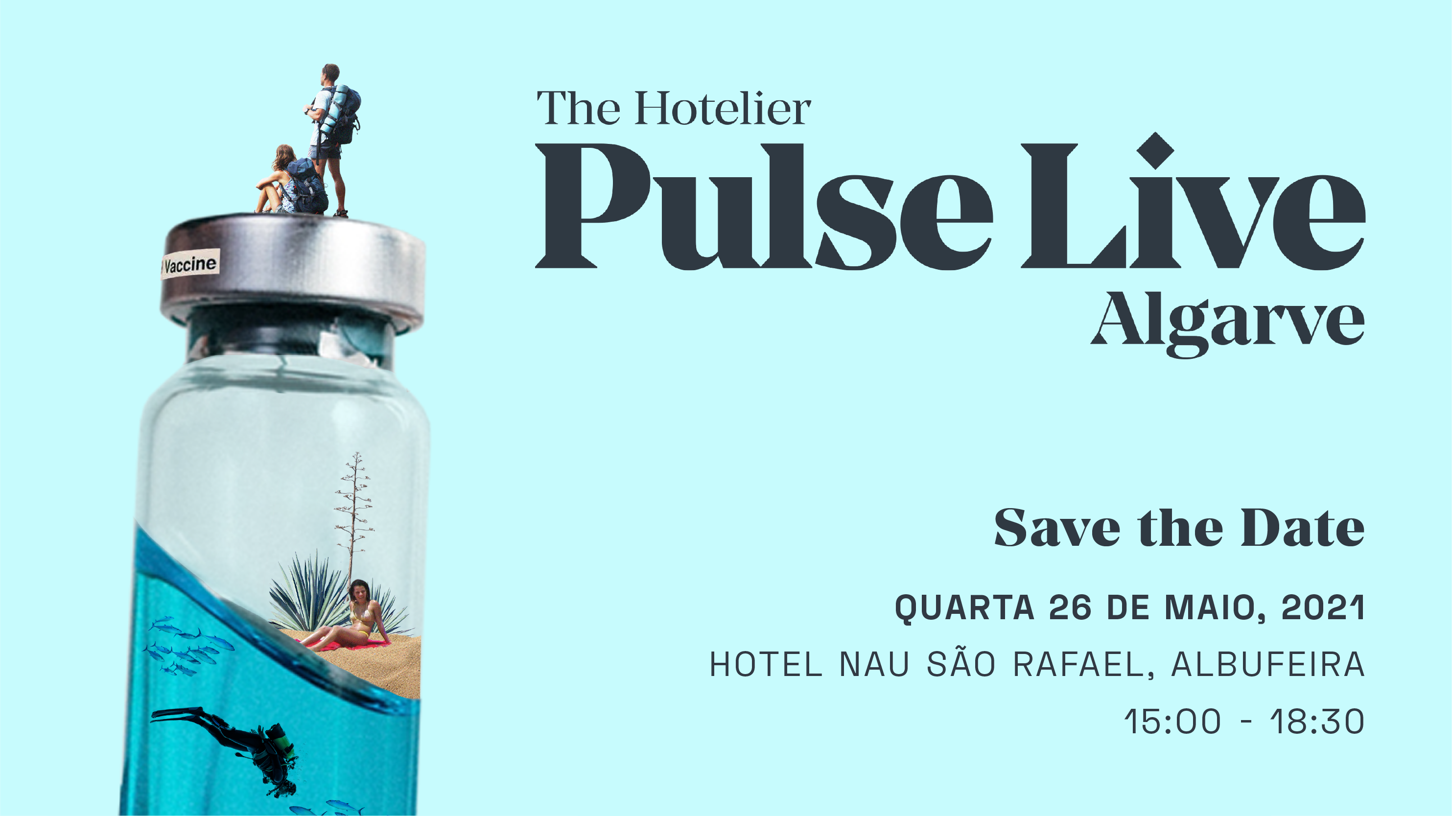 PULSE Live Algarve Banner, featuring people surfing inside of vaccine bottle