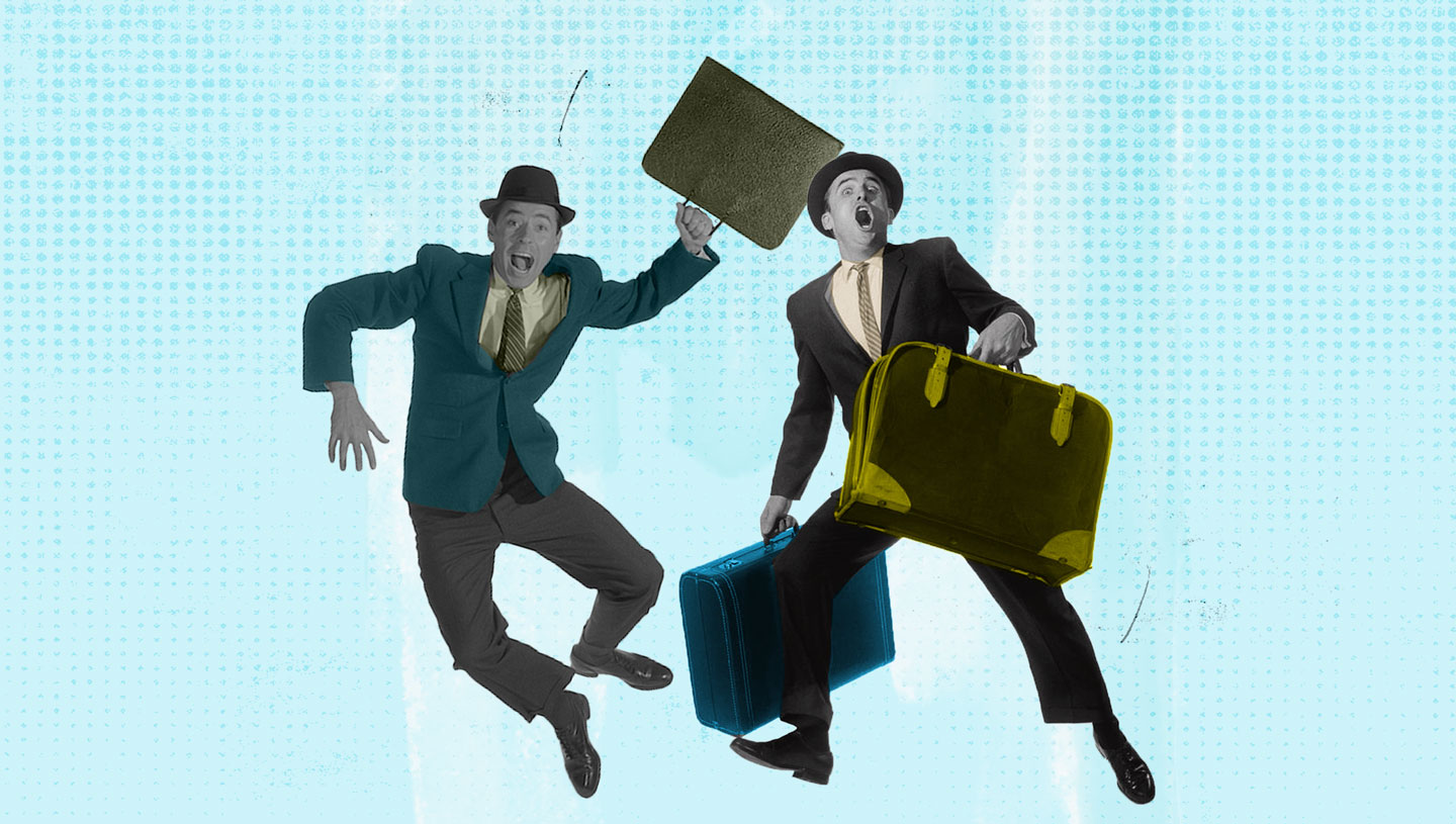 Hotel Insights in 2022 blog cover image, showing two men in suits and suitcases jumping for joy.