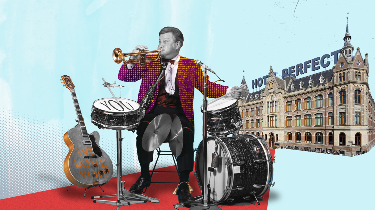 Guest Personalization cover image - featuring an animation of a man playing drums, trumpet, and guitar in front of a hotel.