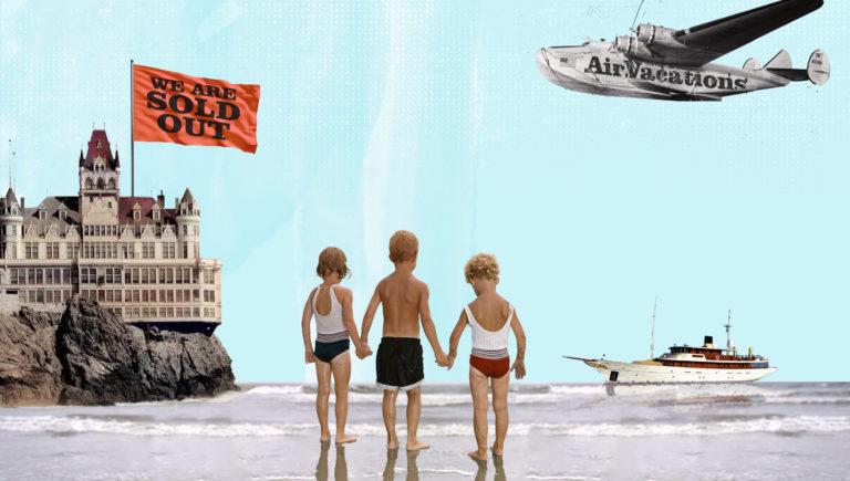 Trends for Hotels in Summer 2022 - Blog cover image featuring three children holding hands and looking at a ship, airplane, and hotel