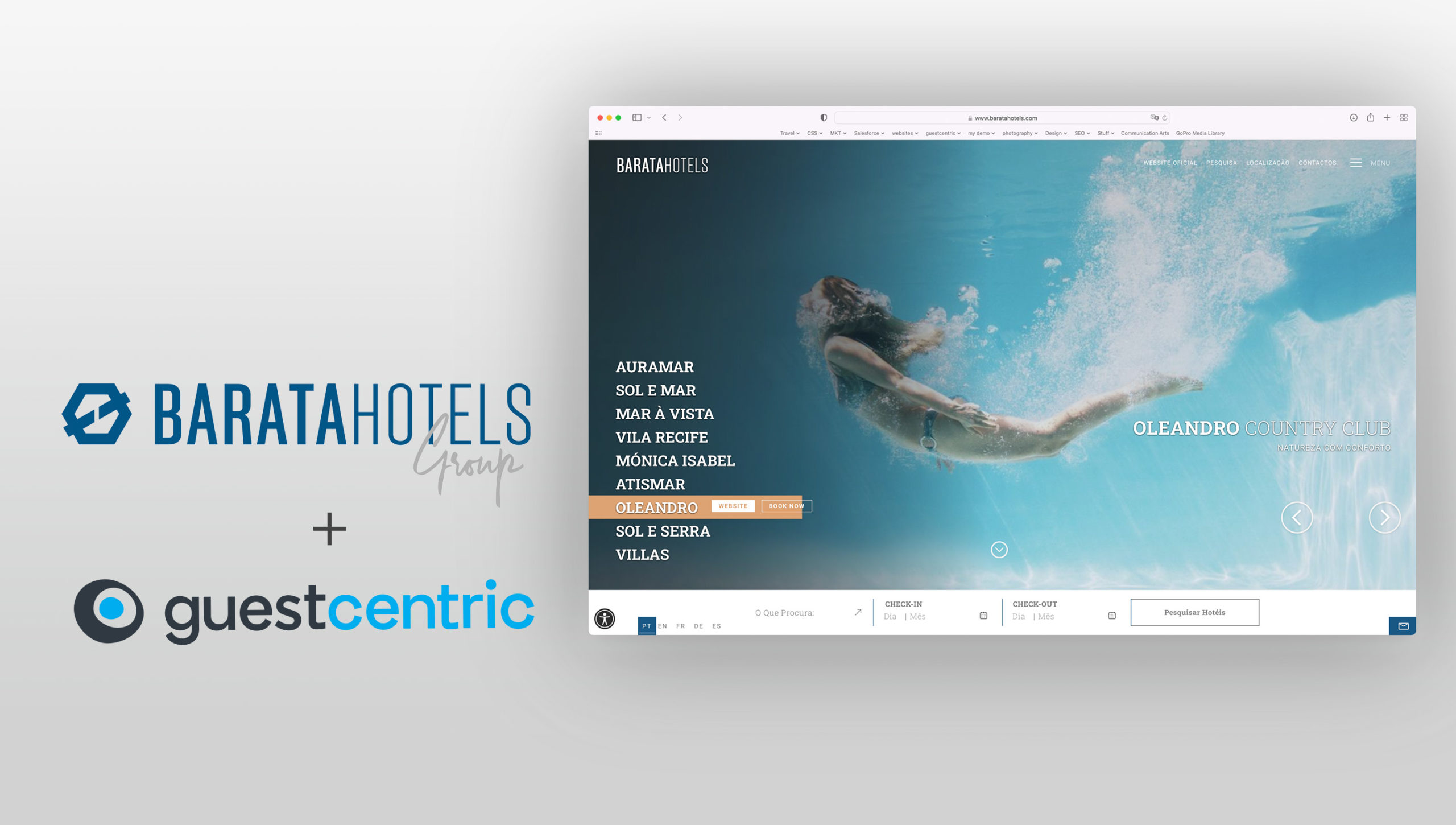 Logos: Guestcentric and Barata Hotels, with screen of woman swimming from Barata Hotels website